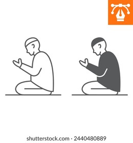Islamic prayer line and solid icon, outline style icon for web site or mobile app, Muslim man and Ramadan, namaz vector icon, simple vector illustration, vector graphics with editable strokes.