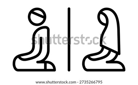 Islamic prayer room outline icon. Linear vector symbol with kneeling praying figures indicating separate areas for men and women. Minimal design for public spaces, buildings and wayfinding systems.
