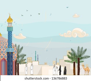 Islamic prayer time "Salah" - High detailed vector illustration of islamic community in prayer time going to the mosque with arabian architecture background