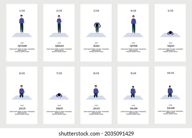 islamic pray-salat poses. Muslim prayer means in different languages as salat or wudu or namaz. Image can be used on islamic books or apps.