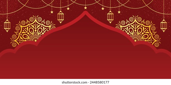Islamic Premium Background Vector Illustration Design. Mosque On a Red Background with 2 Luxury Golden Mandalas. Suitable for Eid Mubarak, Ramadan Kareem, Banners, Posters and Much More
