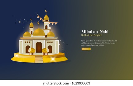 Islamic Prophet's birthday or Milad an-nabi greeting card with the golden mosque concept