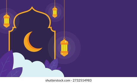 Fondo de Plantilla Horizontal púrpura islámico con objeto de forma de cúpula de mezquita con luna creciente y algo de espacio de copia para texto perfecto para eventos religiosos.