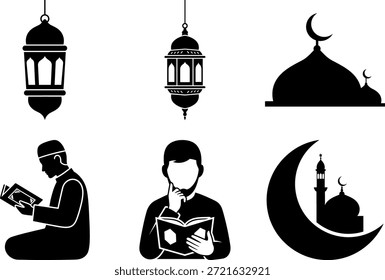 Islamic Ramadan Activities Icon Set - Muslim Men Reading Quran and Mosque Silhouette Vector