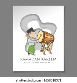 Islamic ramadan background with child elements beating drum or bedug indonesia, design banner, ramadhan kareem design set mosque element.