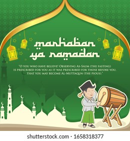 Islamic Ramadan Background With Child Elements Beating Drum Or Bedug Indonesia, Design Banner, Ramadhan Kareem Design Set Mosque Element.