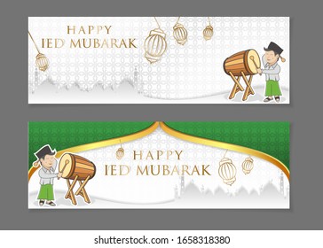 Islamic ramadan background with child elements beating drum or bedug indonesia, design banner, ramadhan kareem design set mosque element.