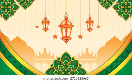 Fondo islámico de Ramadán con linternas colgantes, silueta de mezquita y patrones florales de oro verde adornados. Elegante diseño festivo para Ramadán Kareem, saludo de Eid, Anuncio, póster o promoción de eventos islámicos.