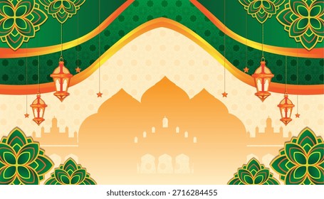 Fondo islámico de Ramadán con silueta de mezquita, linternas y adornos florales. Elegante diseño verde y dorado para Eid, tarjetas de felicitación de Ramadán, Anuncios, carteles y promociones festivas.