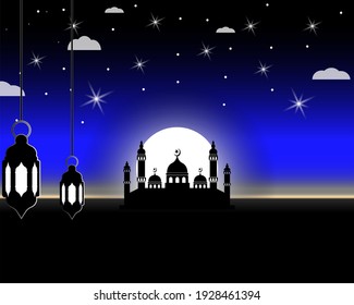 Islamic Ramadan Background With Silhouette Mosque and bright Moon in the Bright Night