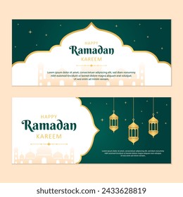 Diseño de plantilla de banner de celebración de Ramadán islámico con marco de oro e ilustración de linterna. Fondo de pancarta verde de Ramadán.