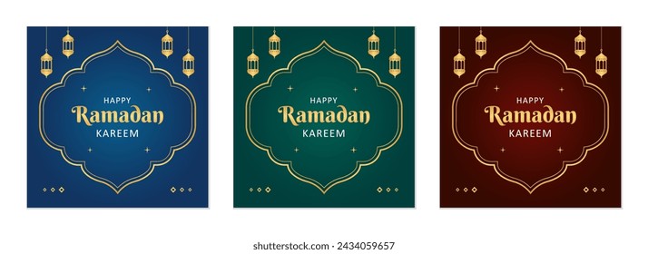 Islamic Ramadan celebration poster template design with gold frame and lantern illustration. Set of Ramadan square background for social media post