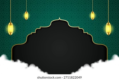 Islamic Ramadan celebration poster template design with golden frame and lantern illustration.