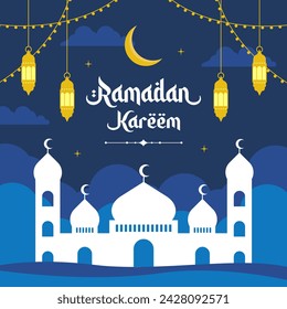 Celebración del Ramadán islámico Diseño de afiche de plantilla cuadrada con mezquita y linternas. Ilustraciones vectoriales de fondo de Ramadán