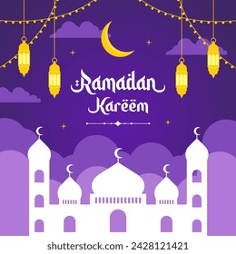 Islamic Ramadan celebration Square template poster design with mosque, and lanterns. Ramadan background vector illustrations