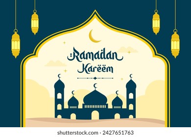 Islamic Ramadan celebration template banner design with mosque, and lanterns. Ramadan background frame vector illustrations