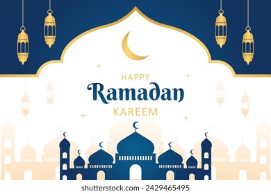 Islamic Ramadan celebration template banner design with gold frame, lantern, and mosque illustration. Beautiful Ramadan background and border vector