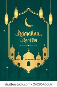 Islamic Ramadan celebration template poster design with gold frame and lantern illustration. Ramadan green background, cover vector