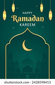 Islamic Ramadan celebration template poster design with gold frame and lantern illustration. Ramadan green background, cover vector