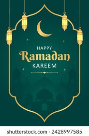 Islamic Ramadan celebration template poster design with gold frame and lantern illustration. Ramadan green background, cover vector