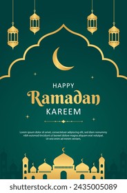 Diseño de cartel de la plantilla de celebración del Ramadán islámico con marco dorado, mezquita e ilustración de linterna. Fondo verde de Ramadán, vector de cubierta.