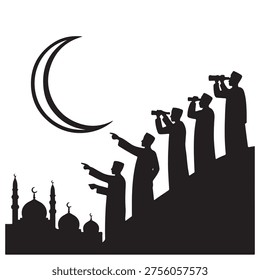 Islamic Ramadan crescent moon sighting with Muslim family silhouette night scene