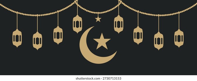 Islamic ramadan crescent moon and star with lanterns hanging on beads