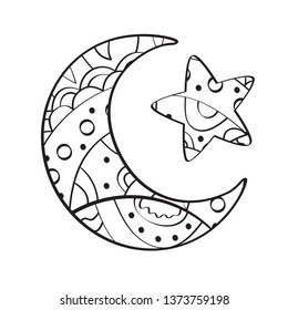 Islamic Ramadan crescent and star symbols. Linear image, contour, coloring. Great for creating personal design, print, children's creativity