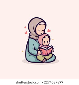 islamic ramadan cute vector illustration design mother and daughter reading quran koran alquran