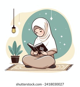 Islamic Ramadan cute vector illustration design of woman reading the quran