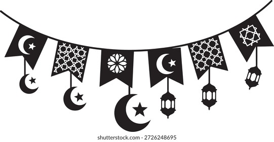 Decoraciones islámicas de ramadán con luna creciente y faroles colgando de una cuerda de banderín de festival musulmán
