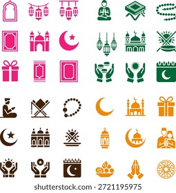 Conjunto de iconos islámicos de Ramadán y Eid - Símbolos religiosos y paquete de Vector de decoración