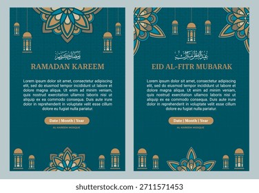 Islamic Ramadan and Eid poster templates featuring lanterns, floral mandala ornaments, and geometric patterns. Ideal for event announcements, invitations, and festive promotions.