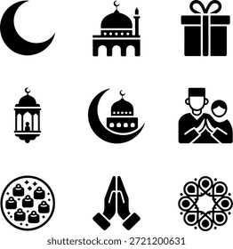 Conjunto de iconos de silueta islámica de Ramadán y Eid - Paquete de Vector de símbolos religiosos