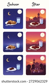 Islamic Ramadan Fasting Cycle Illustration Set. Comparative Scenes for Suhoor and Iftar showing Clocks for Timing, Healthy Food for Breaking Fast, and Beautiful Mosque Backgrounds