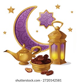 Elementos del Festival Islámico de Ramadán con lámpara de aceite árabe, linterna de oro Fanous, luna creciente, estrellas y fruta de dátiles secos para la celebración de Iftar