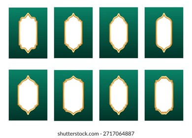 Marcos dorados de Ramadán islámico con arco ornamental. Formas de ventana y puerta con patrón indio para collage. Elementos de diseño orientales. Fronteras verdes de la vendimia oriental.