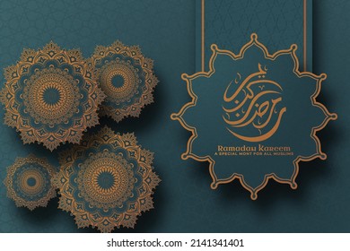 Islamic Ramadan Green Background With Frame And Mandala Gold Ornament Premium Vector	
