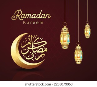 Islamic Ramadan greeting background with crescent and hanging lantern