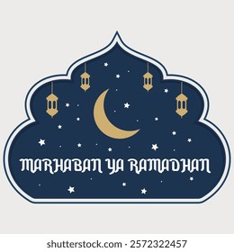 Islamic Ramadan Greeting Card with Crescent Moon and Lanterns