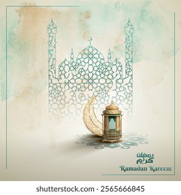 Islamic Ramadan greeting card with lantern and crescent moon ornaments. luxurious Islamic decorative mosque ornament background