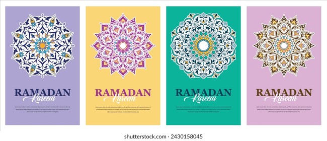 islamic ramadan greeting card set with circle floral mandala and arabic ornament style, ramadan kareem and ied mubarak