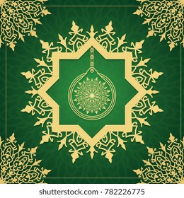 Islamic ramadan greeting card template with golden lantern lamp and arabic ornate pattern on green background