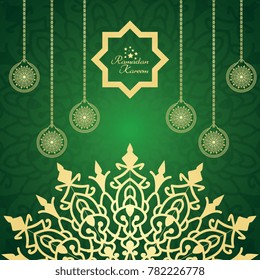 Islamic ramadan greeting card template with golden lantern lamp and arabic pattern on green background