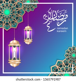 islamic ramadan greeting with crescent moon and gold lantern.  islamic vintage mandala design ornament