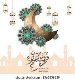 islamic ramadan greeting with crescent moon and gold lantern.  islamic vintage mandala design ornament