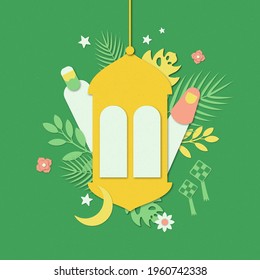 Islamic Ramadan Greetings Banner in green background with crescent, lantern, traditional lamp, leaf, leaves, monstera, muslim woman  hijab, man beard. Origami Paper Vector. Eid Mubarak