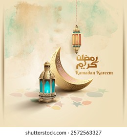 Islamic Ramadan greetings card with lantern and crescent moon ornaments