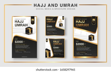 Islamic Ramadan Hajj & Umrah Brochure or Flyer and social media Template Background Vector Design With praying hands and mecca Illustration. 