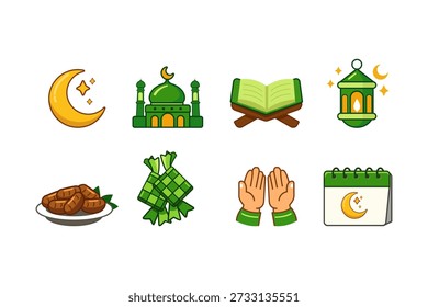 Islamic Ramadan icon set with crescent moon, mosque, Quran, lantern, dates, ketupat, prayer hands, and calendar. Perfect for Ramadan, Eid, Islamic apps, education, and religious designs.